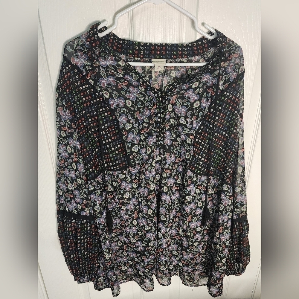 Yvos Black Bohemian Womens Sheer Long Sleeve Blouse